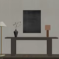 Long Wooden Console Table With Black Wall Art Table Lamp Floor Lamp And Vase With Branches