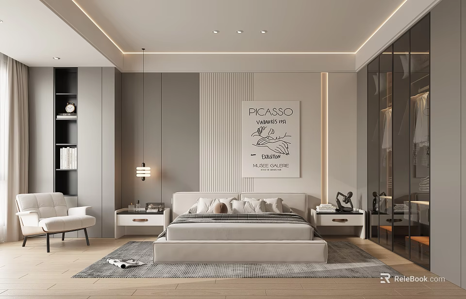 Modern Bedroom Interior Design With Beige Bed Picasso Poster Nightstands Chair Rug And Recessed Lighting 3d model 