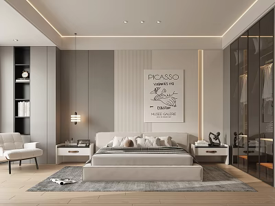 Modern Bedroom Interior Design With Beige Bed Picasso Poster Nightstands Chair Rug And Recessed Lighting 3d model