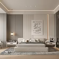 Modern Bedroom Interior Design With Beige Bed Picasso Poster Nightstands Chair Rug And Recessed Lighting
