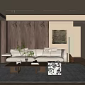 Modern Living Room Interior With Beige Sofa Wooden Wall Panels And Coffee Table