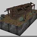 Ancient Wooden Drum Structure On Stone Base With Round Stones And Dirt Ground