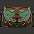 Brown Leather Crossbody Bag With Green Red Geometric Mask Design And Metal Buckle