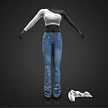 One Shoulder White Ribbed Knit Crop Top And Blue Denim Jeans Fashion Outfit