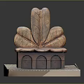 Artistic Leaf Shaped Sculpture Seat With Wooden Texture And Brick Base On Stone Platform