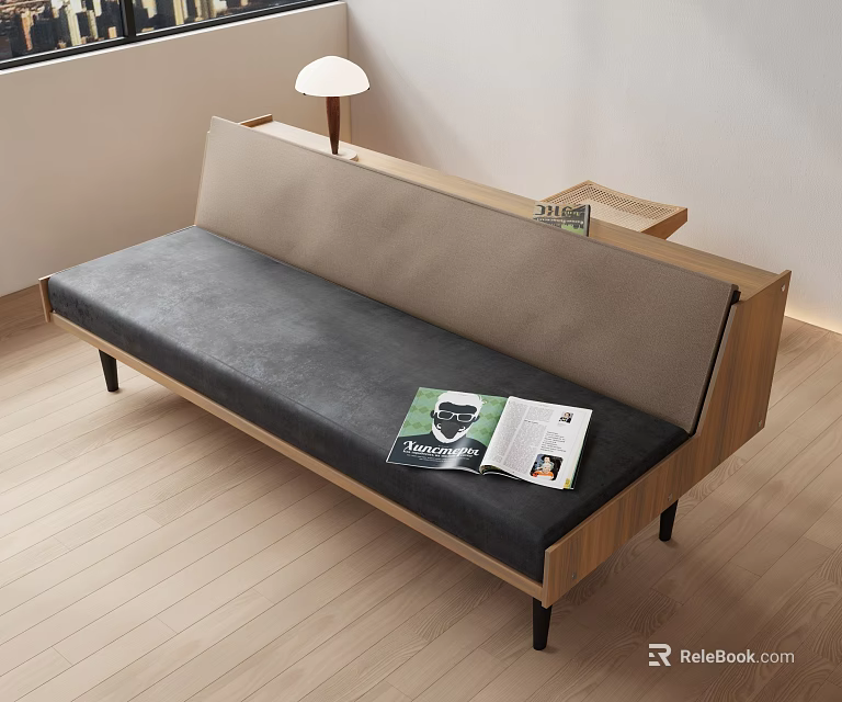 Modern Two Seater Sofa With Gray Cushion Wooden Backrest Armrests And Magazines 3d model 