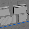 Four White Radiators Mounted on Gray Tiled Wall With Blue Lighting at the Bottom