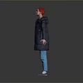 Red Haired Woman In Dark Coat Purple Top Blue Jeans Standing Gray Background