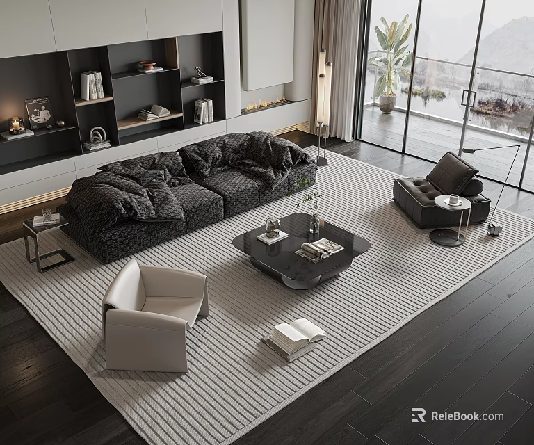 Modern Living Room Dark Sofa Coffee Table Set With Light Armchair And Striped Rug 3d model 