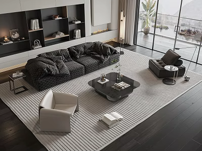 Modern Living Room Dark Sofa Coffee Table Set With Light Armchair And Striped Rug 3d model
