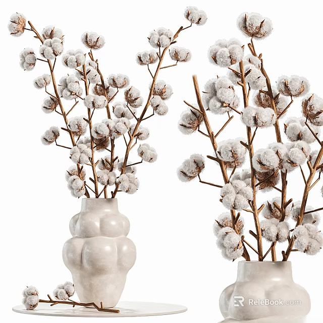 Elegant Decorative Ornament Set With Layered Ceramic Vases And Cotton Branches 3d model 