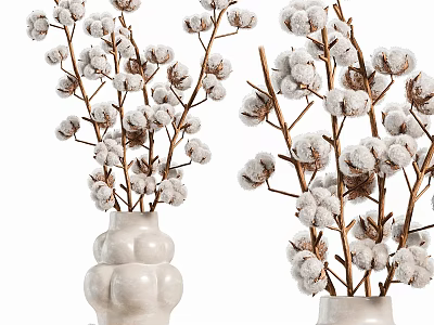 Elegant Decorative Ornament Set With Layered Ceramic Vases And Cotton Branches 3d model