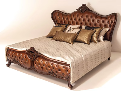 Classic Carved Leather Double Bed With Light Colored Bedspread And Decorative Pillows 3d model