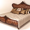 Classic Carved Leather Double Bed With Light Colored Bedspread And Decorative Pillows 3d model