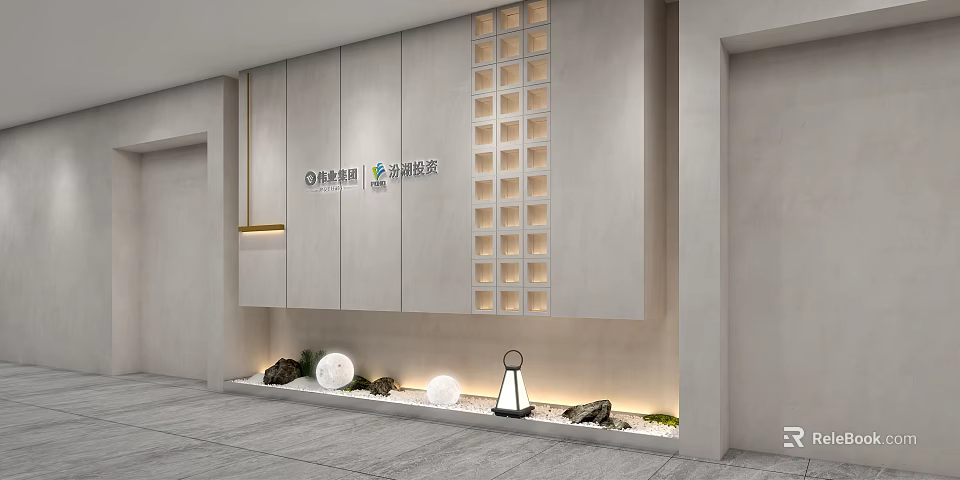 Modern Background Wall Design With Cabinet Grid Pattern Round Lights And Decorative Stones 3d model