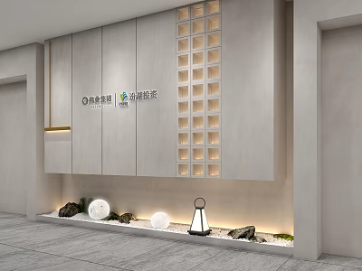 Modern Background Wall Design With Cabinet Grid Pattern Round Lights And Decorative Stones 3d model