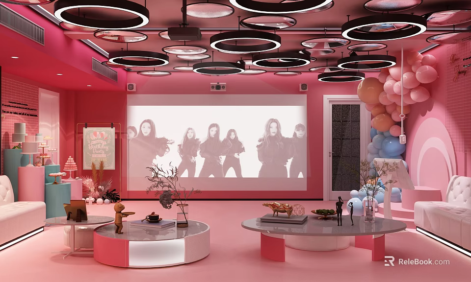 Pink KTV Interior With Circular Ceiling Lights Large Screen Projection And Decorations 3d model 