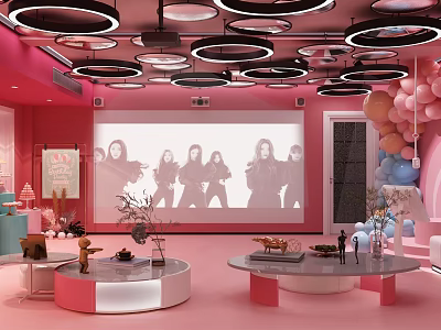 Pink KTV Interior With Circular Ceiling Lights Large Screen Projection And Decorations 3d model