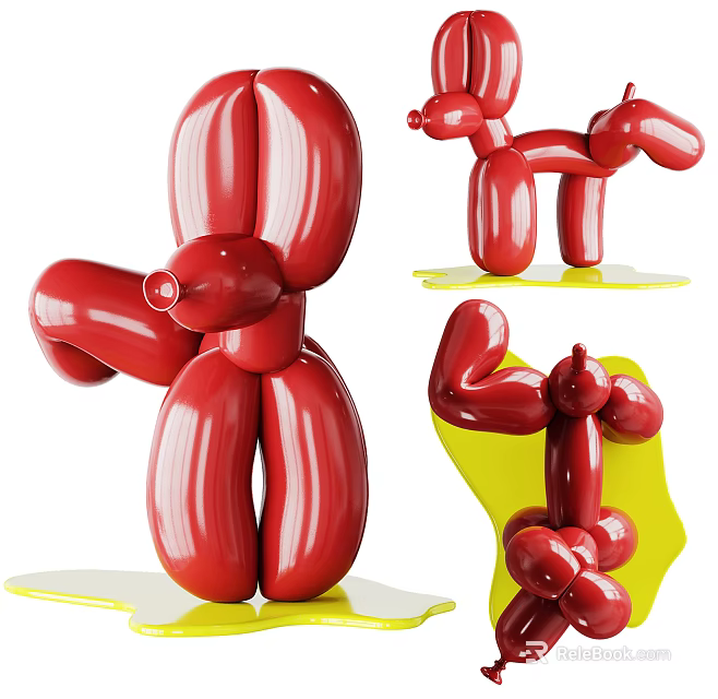 Red Balloon Dog Decorative Ornament Set With Multiple Poses On Yellow Base 3d model 