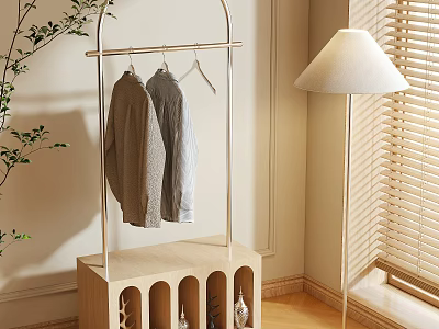 Modern Garment Hanger with Wooden Base Hanging Shirts and Floor Lamp in Interior 3d model