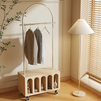 Modern Garment Hanger with Wooden Base Hanging Shirts and Floor Lamp in Interior 3d model
