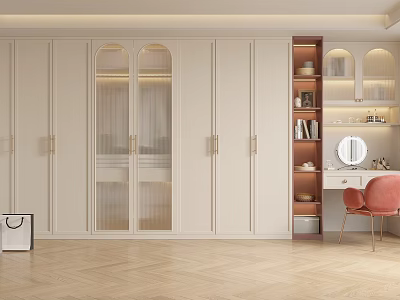 Modern White Wardrobe Interior With Glass Doors Open Shelves And Pink Chair 3d model