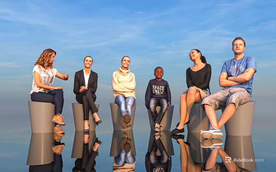 People Sitting On Stylish Pillars With Blue Sky Background And Reflections 3d model 