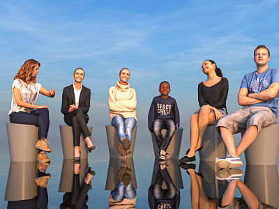 People Sitting On Stylish Pillars With Blue Sky Background And Reflections 3d model