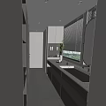 Modern Bathroom Vanity With Oval Lighted Mirror Window Blinds Lighting Strips And Potted Plant