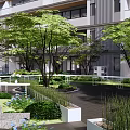 Residential Landscape With Green Trees Water Feature White Railings And Lush Lawn Near Building