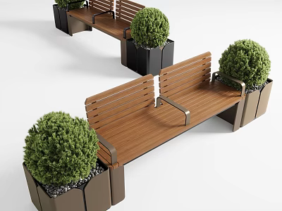 Modern Wooden Outdoor Bench With Armrests And Planters Featuring Green Shrubs 3d model