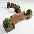 Modern Wooden Outdoor Bench With Armrests And Planters Featuring Green Shrubs
