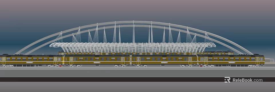 Yellow Commuter Train Moving Under Arched Station Roof Structure Design 3d model 