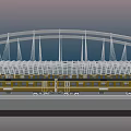 Yellow Commuter Train Moving Under Arched Station Roof Structure Design