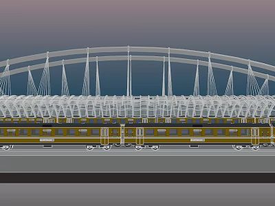Yellow Commuter Train Moving Under Arched Station Roof Structure Design 3d model