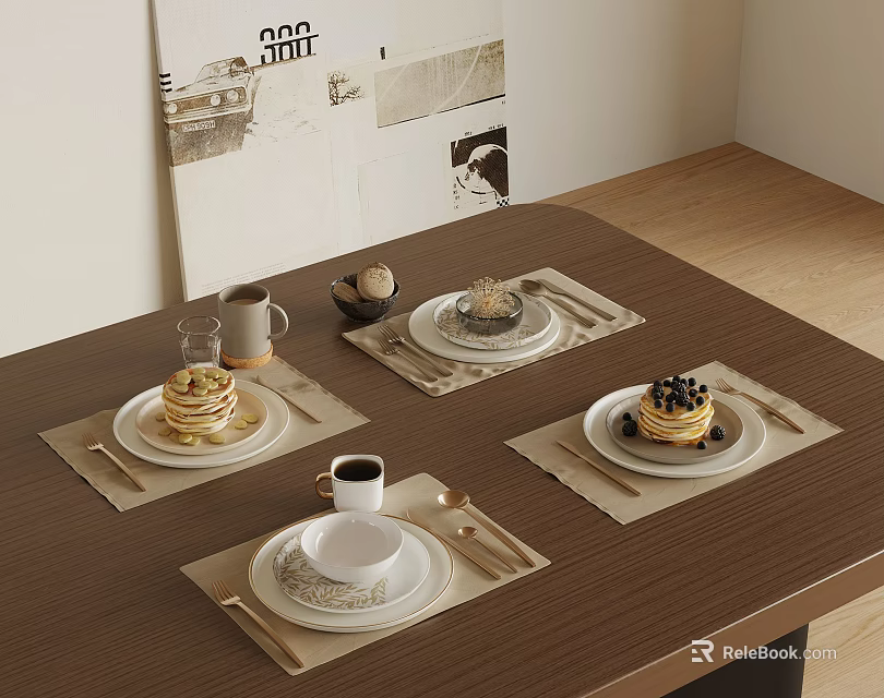 Complete Tableware Set With Plates Napkins Cutlery Pancakes Cake And Cups On Wooden Table 3d model 