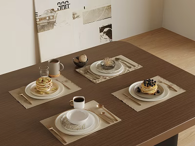 Complete Tableware Set With Plates Napkins Cutlery Pancakes Cake And Cups On Wooden Table 3d model