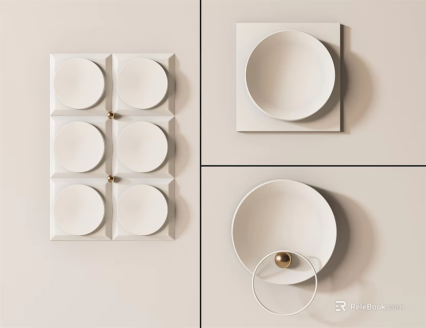 Modern Minimalist Wall Decor with White Square Panels Circular Discs and Gold Accents 3d model 