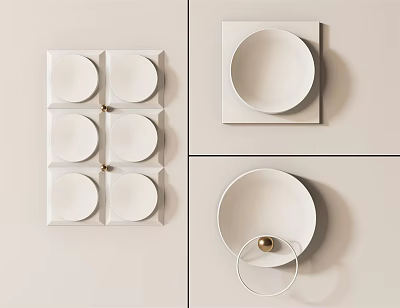 Modern Minimalist Wall Decor with White Square Panels Circular Discs and Gold Accents 3d model
