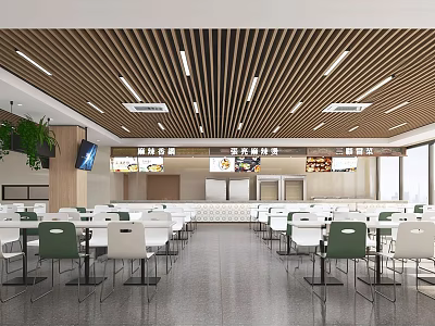 Modern Cafeteria Interior With Wooden Ceiling Tables Chairs And Menu Screens 3d model