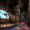 Traditional Restaurant Interior With Woven Ceiling Round Pendant Light Stone Walls And Colorful Chairs
