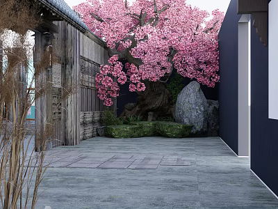 Pink Cherry Blossom Tree Clothing Store Entrance With Wooden Structure And Stone Path 3d model