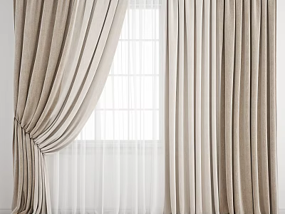 Beige Velvet Curtains with Sheer Inner Layer Draped Over White Window Pane 3d model