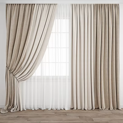 Beige Velvet Curtains with Sheer Inner Layer Draped Over White Window Pane 3d model
