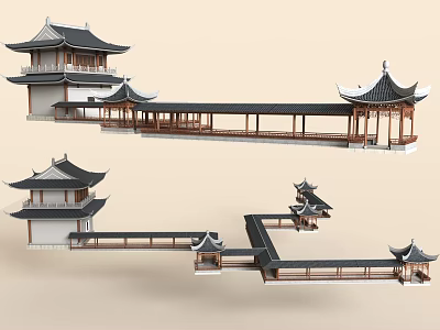 Traditional Chinese Garden Landscape With Classic Pavilions Wooden Corridors And Curved Eaves 3d model