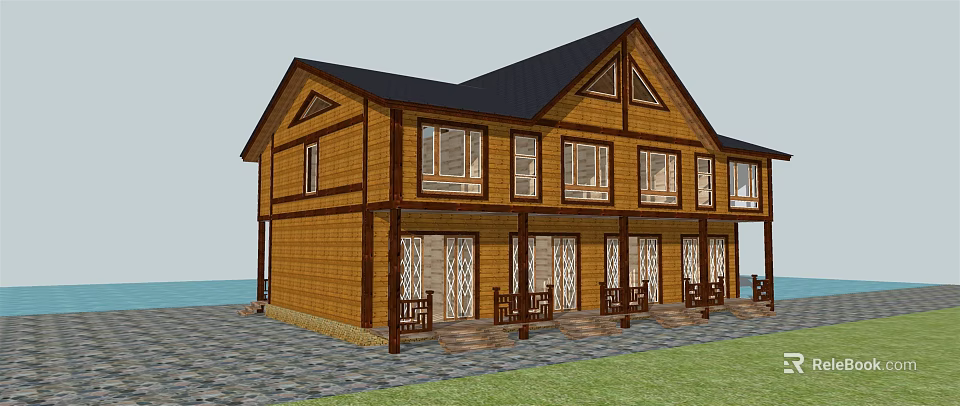 Wooden Two Story Detached Villa With Black Roof Floor To Ceiling Windows And Stone Pavement 3d model 