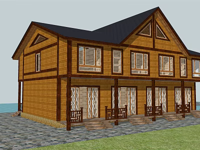 Wooden Two Story Detached Villa With Black Roof Floor To Ceiling Windows And Stone Pavement 3d model