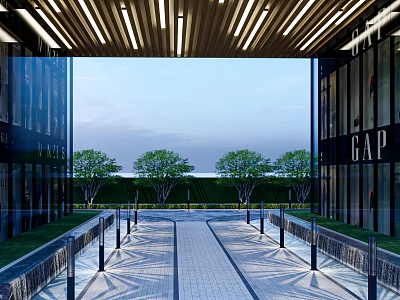 Outdoor Lights at Building Entrance Walkway with Trees Evening Sky Pillars and Strip 3d model