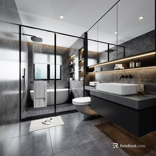 Modern Gray Bathroom Interior With Glass Shower Bathtub And Marble Vanity Mirror 3d model 