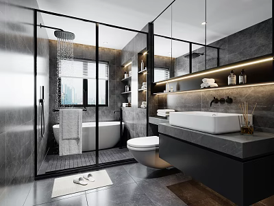 Modern Gray Bathroom Interior With Glass Shower Bathtub And Marble Vanity Mirror 3d model